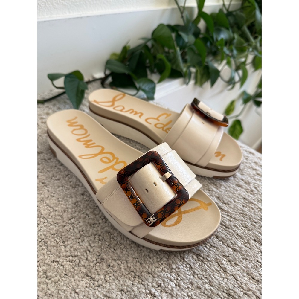 Sam Edelman Ariane Leather Platform Slide Sandal Tortoise Buckle Cream Ivory 8M